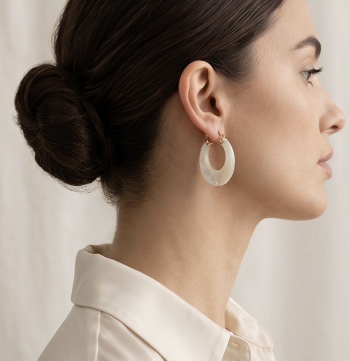 Sublime rainbow Blister Pearl 18K Gold over .925 Sterling Silver handcrafted Earrings - Side view of Sublime rainbow Blister Pearl earrings worn on ear.