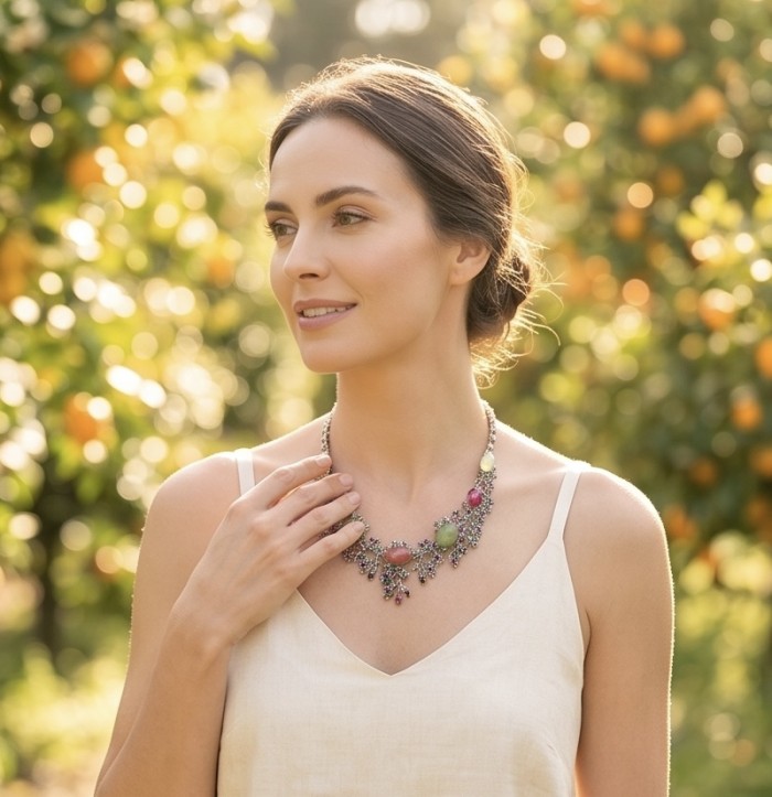 Giovanna 188.2 carat Mozambique Ruby Golden Sapphire .925 Sterling Silver dipped in rhodium Statement Necklace - Woman wearing Giovanna ruby and sapphire necklace, side view.