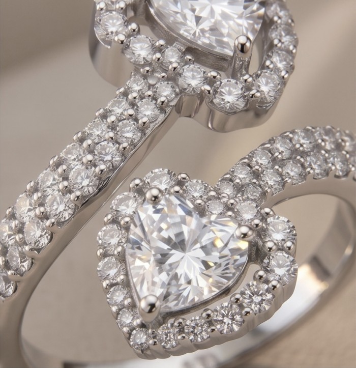 Endless Love Luxurious 4.5 carat White Topaz .925 Sterling Silver Solid Infinity ring size 7 3/4 - Close-up of heart-shaped white topaz ring with diamond accents