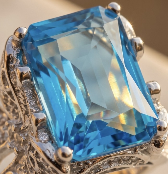 Blue OCEAN 14.3 carat Swiss Blue Topaz .925 Sterling Silver dipped in rhodium handcrafted ring size 7 1/2 - Close-up of 14.3 carat Swiss Blue Topaz in .925 Sterling Silver setting