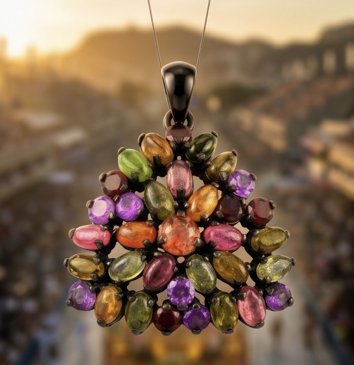 Giovanna 17.5 carat Brazilian Watermalon Tourmaline black rhodium over .925 Sterling Silver handmade Pendant - Close-up of colorful tourmaline necklace against a blurred background