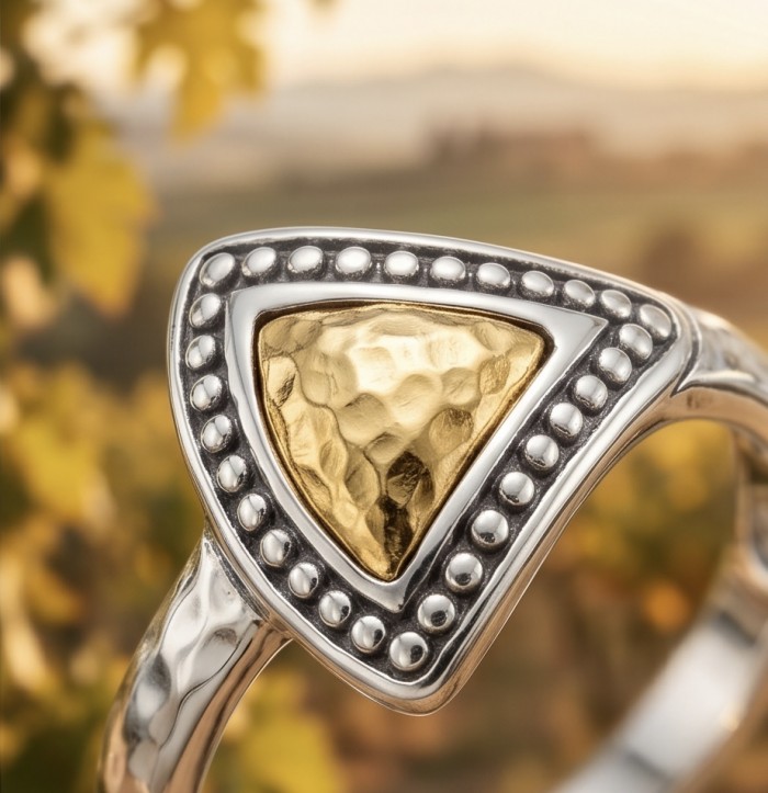 Precious Natural two tones .925 Sterling Silver Bali made ring size 9 - Close-up of two-tone sterling silver ring with hammered gold detail