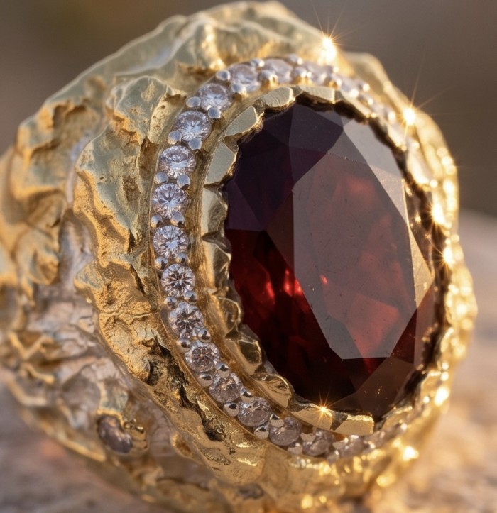 Empress of Love 24.6 ctw Mozambique Ruby .925 Sterling Silver dipped in 22K Gold handcrafted Statement Ring size 9 - Close-up of Empress Ruby ring, gold with diamond accents.
