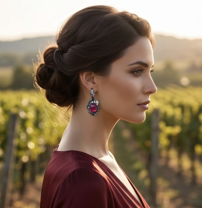 Exquisite 10.4 ctw Ruby 1.2 carat pave Emerald .925 Sterling Silver dipped in black rhodium handcrafted Statement earrings - Side view of woman wearing exquisite ruby and emerald earrings in nature.