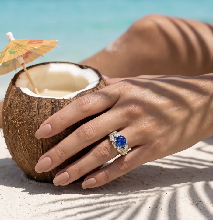 Precious Design oval cut 9.9 CARAT Tanzanite 18K Gold over .925 Sterling Silver Statement Ring s. 6 1/4 - Worn on hand, oval cut tanzanite ring with coconut drink on beach.