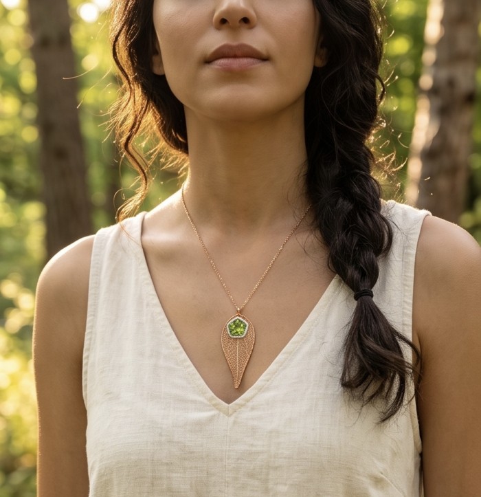 Stylish REAL Leaf dipped in Rose Gold 11.5 carat Garnet .925 Sterling Silver Pendant - Necklace with rose gold leaf and garnet, worn outdoors.