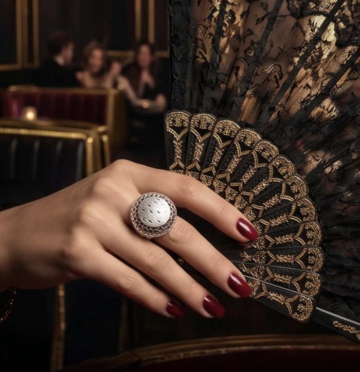 Casablanca Italy made .925 Sterling Silver brilliantly handcrafted ring s. 8 - Sterling silver ring worn on hand with lace fan background.