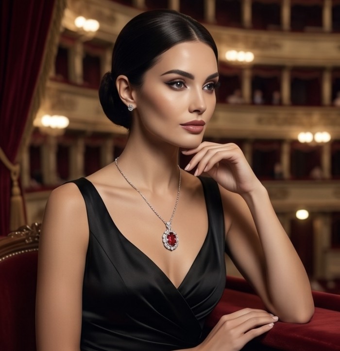 Luxurious 15.9 carat natural Mozambique Ruby .925 Sterling Silver .925 Sterling Silver Statement Necklace - Elegant woman wearing a luxurious ruby necklace in an opera setting.