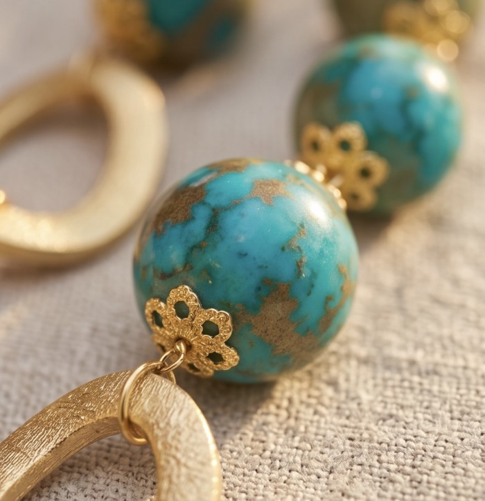 Bohemian Style Sea Sediment Jasper .925 Sterling Silver handmade necklace - Close-up of Bohemian sea sediment jasper earrings with gold accents.