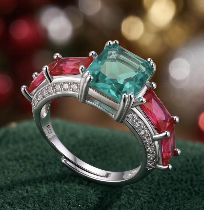 Authentic 6.7 carat Green Topaz .925 Sterling Silver Perfectly handcrafted Ring s. 8 adjustable - Side view of green topaz and red gemstone ring in sterling silver.