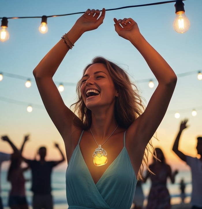 Prehistoric Authentic Butterscotch Baltic Amber .925 Sterling Silver beautifully handcrafted Pendant - Woman wearing Prehistoric Butterscotch Baltic Amber necklace at sunset party