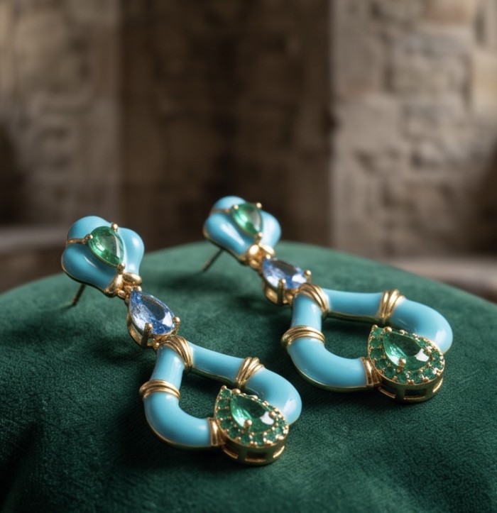 Art Deco 4.8 carat Aquamarine Turquoise enamel 14K Gold over .925 Sterling Silver Handcrafted Statement earrings - Art Deco earrings with blue topaz, turquoise enamel, 14K gold, side view