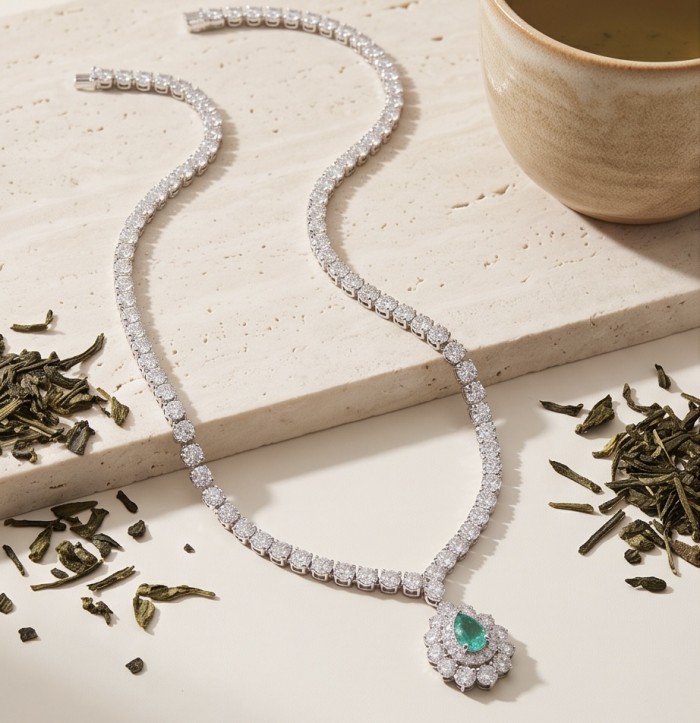 Estelle - Authentic 7.9 carat COLOMBIAN EMERALD .925 Sterling Silver handcrafted necklace - Necklace with emerald and diamonds, top view, with tea leaves nearby
