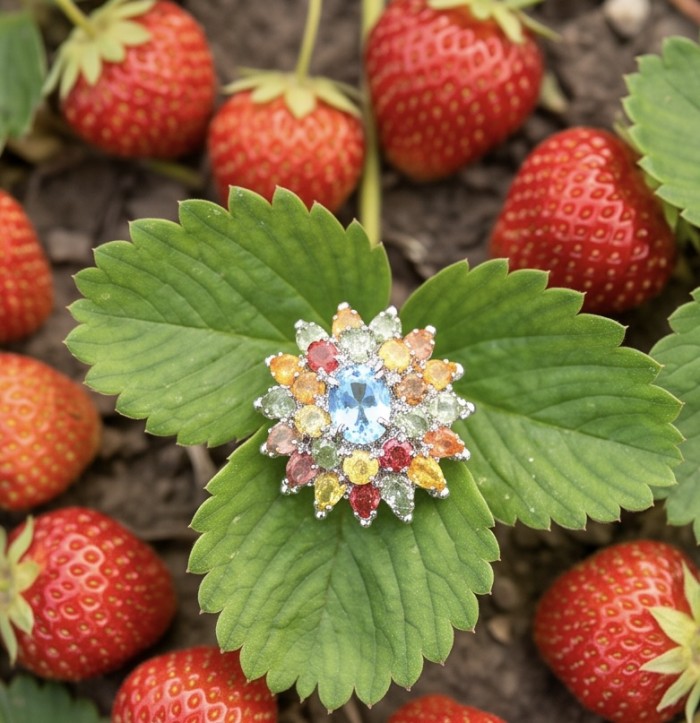 Fiesta 11.8 carat Swiss Blue Topaz .925 Sterling Silver dipped in rhodium handcrafted ring size 7 3/4 - Fiesta Swiss Blue Topaz ring on leaf with strawberries, top view