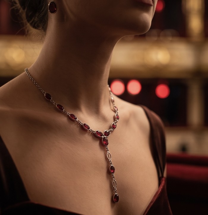 Giovanna - Magnificent Jewel 10.8 carat Ruby .925 Sterling Silver handcrafted Statement Necklace - Ruby necklace worn on neck with matching earrings in elegant setting.