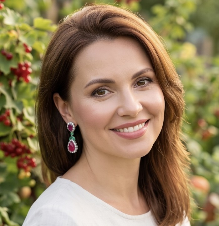 Bella Rossa - Magnificent Jewel 15.5 carat Mozambique Ruby .925 Sterling Silver dippedin Rhodium handcrafted earrings - Woman wearing Bella Rossa earrings, side view in garden setting.
