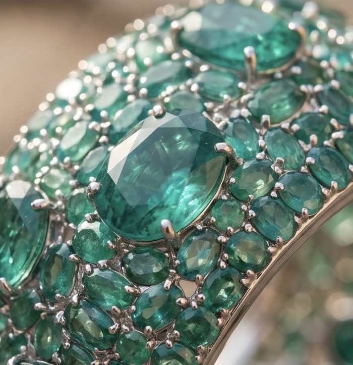 Spectacular 242.5 carat authentic Colombian Emerald .925 Sterling Silver dipped in Rhodium handmade bangle Bracelet - Close-up of emeralds on a Colombian bracelet in .925 silver setting