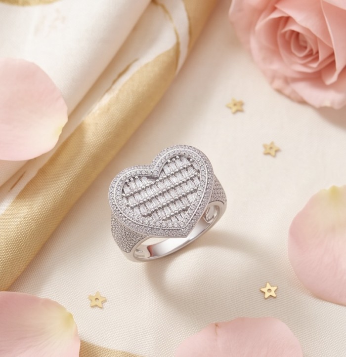 Art Deco Precious Heart - 10.5 carat White Sapphire .925 Sterling Silver Handcrafted Statement Ring size 7 1/4 - Heart-shaped ring with white sapphires, flat lay with rose petals.