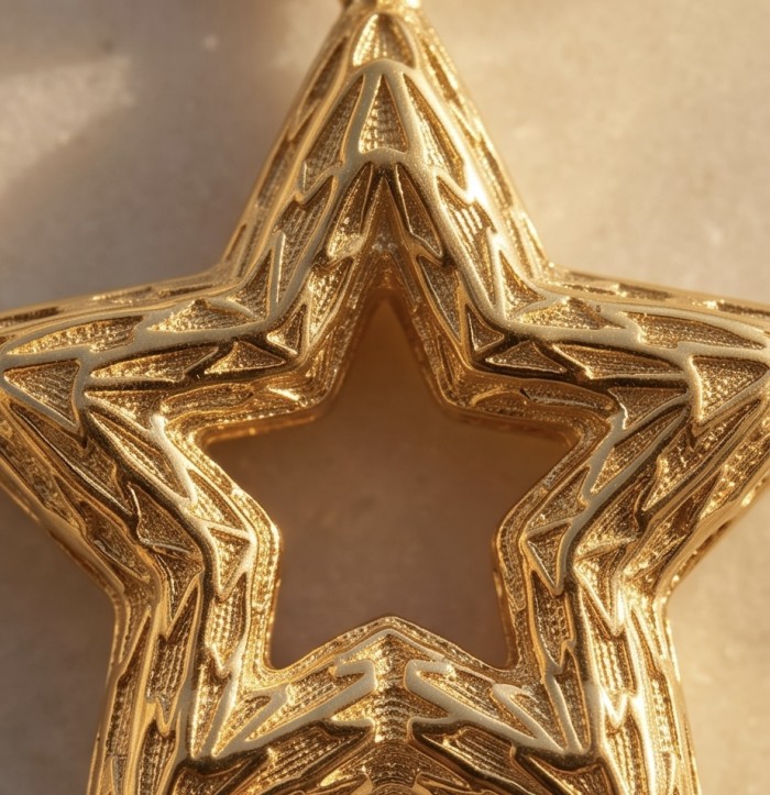 Golden Stars - Dubai Style - .925 Sterling Silver dipped in 22K Gold handmade Earrings - Close-up of gold star pendant with intricate details, angled view.