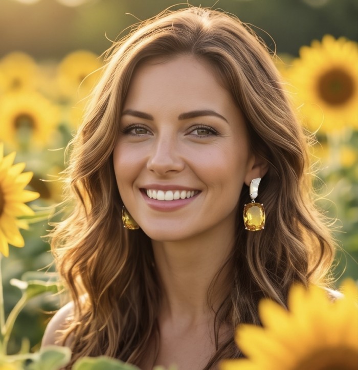 Esperanza - Luxurious 22.2 Lemon Quartz rough real Australian Opal rhodium over .925 Sterling Silver handmade Earrings - Woman wearing Esperanza earrings, yellow stones, sunflower field background.