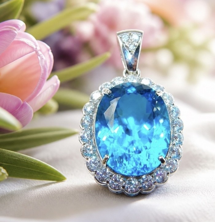 Tiffany Incredible oval cut 45.4 carat Swiss Blue Topaz rhodium over .925 Sterling Silver handcrafted pendant - Close-up of oval cut Swiss Blue Topaz pendant with floral background