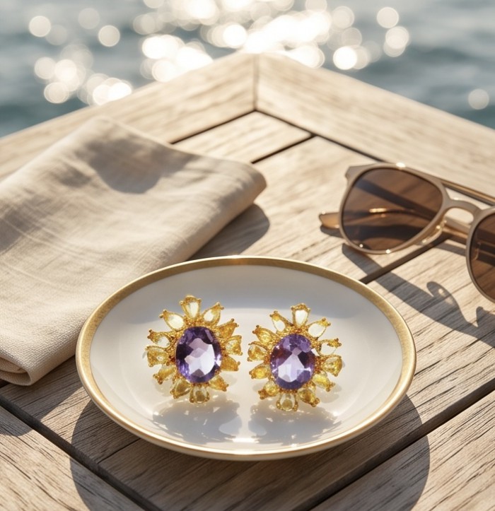 Cascades OF LIGHT Genuine 15.2 carat Fire Moonstone 18k Gold over .925 Silver handcrafted earrings - Earrings on plate with sunglasses, top view, by the sea.