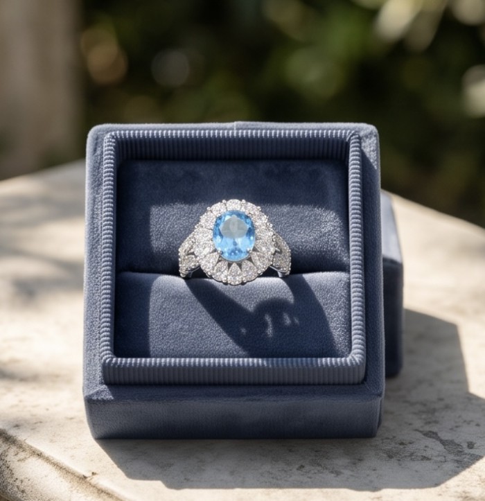 Atlantica 11.8 carat Swiss Blue Topaz .925 Sterling Silver dipped in rhodium handcrafted ring size 6 - Blue topaz ring in box, front view, sunlight detail.