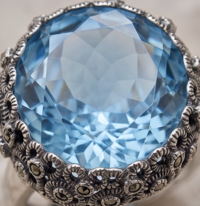 Massive Deep Blue 22.8 carat Aquamarine Marcasite .925 Sterling Silver handcrafted ring size 8 - Close-up of a massive deep blue aquamarine ring with marcasite details.