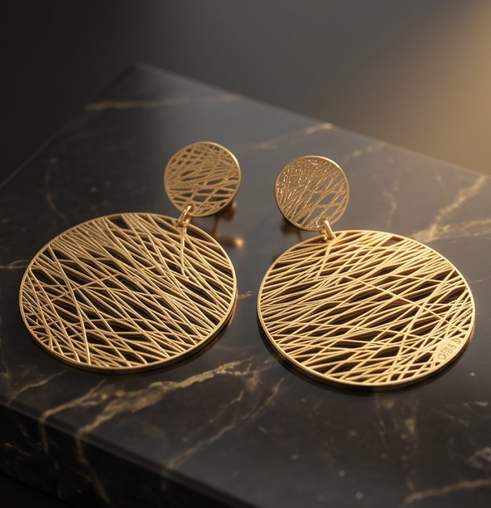 Dubai Style - .925 Sterling Silver dipped in 22K Gold handmade Earrings - Gold geometric earrings on marble surface, top view.
