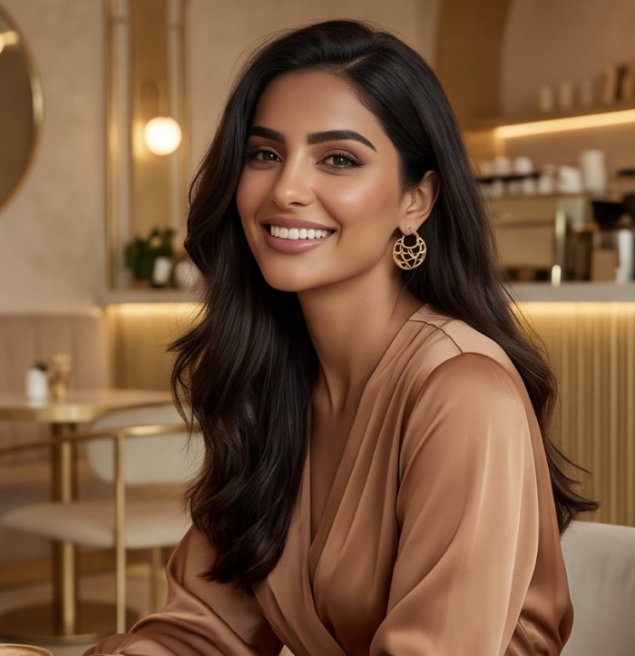 Dubai Style .925 Sterling Silver dipped in 22K Gold handmade Earrings - Woman wearing Dubai Style gold earrings in elegant setting.