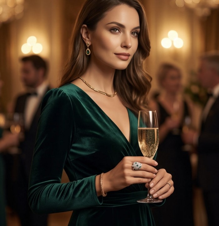 Elegant luxurious Cat 0.7 carat Colombian Emerald rhodium over .925 Silver handcrafted Cocktail Ring s. 8 - Emerald jewelry worn, side view, showcasing the elegant ring and earrings.
