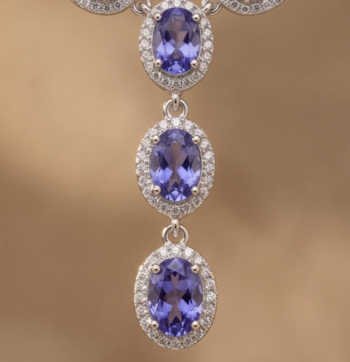Luxurious 12.2 carat Genuine Tanzanite .925 Sterling Silver handmade Necklace - Close-up of luxurious 12.2 carat tanzanite earrings in sterling silver