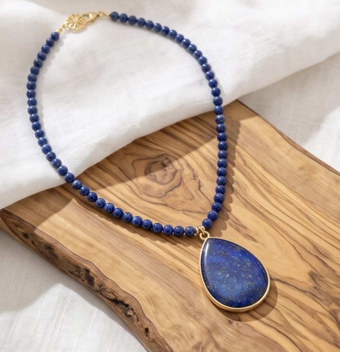 Bohemian style genuine Lapis Lazuli 14K Gold over .925 Sterling Silver Station Necklace - Bohemian Lapis Lazuli necklace with gold clasp, top view on fabric.
