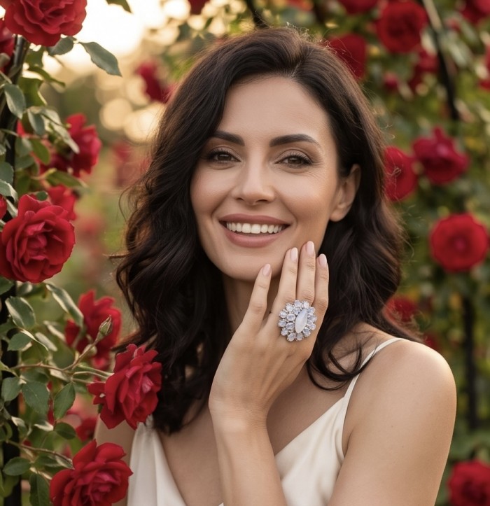 Large Blue Cascade 29.5 carat Rainbow Moonstone rhodium over .925 Sterling Silver handmade ring s. 6 - Woman wearing large moonstone ring in a rose garden, front view.