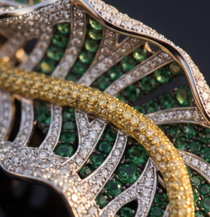 Precious Leaf - 9.5 carat Authentic Colombian Emerald pave 4.2 carat yellow Sapphire .925 Sterling Silver handcrafted Pendant and Brooch - Close-up of Precious Leaf emerald and diamond jewelry detailing.