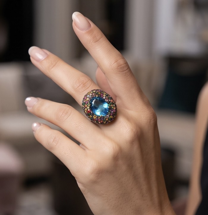 Poseidon 33.8 carat Swiss Blue Topaz Sapphire 18k Gold over .925 Sterling Silver handcrafted Large ring size 7 - Blue topaz ring with sapphires worn on hand, showcasing stone close-up.