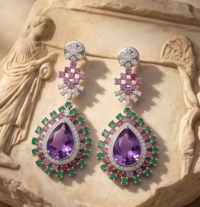 Giuseppina - Authentic 18.5 carat Amethyst rhodium over .925 Sterling Silver handcrafted Statement Earrings - Amethyst earrings with emeralds and pink stones, front view on marble.
