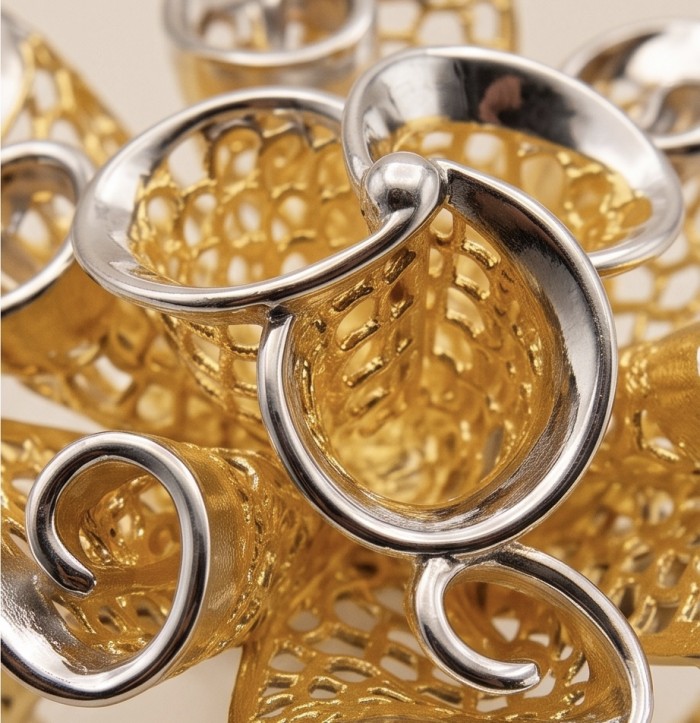 GOLDEN ROSE - Dubai Style - .925 Sterling Silver dipped in 22K Gold handmade Large ring size 9 - Close-up of Dubai-style jewelry in gold with silver accents.