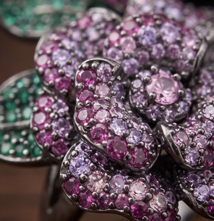 Wild Roses Authentic 3.5 carat pave Ruby 1.9 carat Emerald .925 Sterling Silver brilliantly dipped in black rhodium handcrafted Statement ring; s. 8 1/4 - Close-up of Wild Roses jewelry with rubies and emeralds.