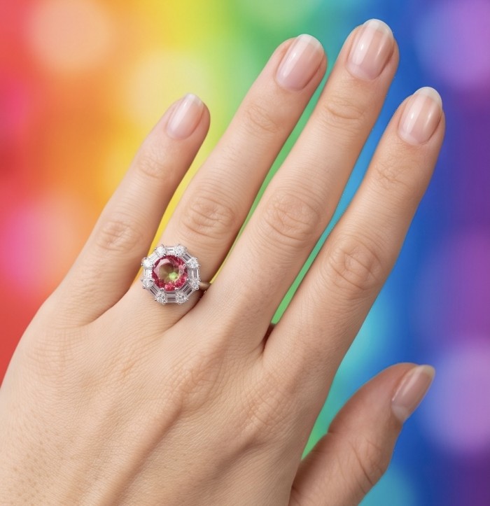 Round cut 3.8 carat Brazilian Pink Tourmaline .925 Sterling Silver dipped in rhodium Perfectly handcrafted Ring s. 7 1/2 - Pink tourmaline ring worn on hand, rainbow background