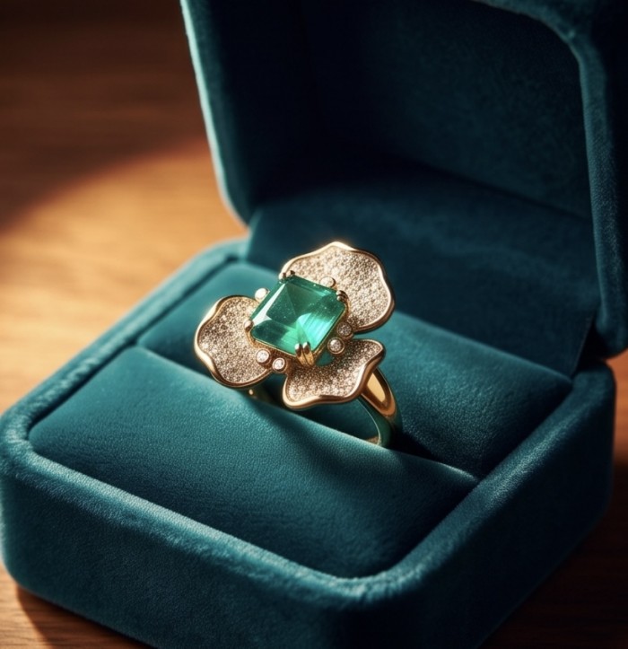 Elizabeth 4.8 carat Colombian Emerald 8.2 carat Moissanite .925 Sterling Silver dipped in Rhodium handcrafted Ring size 7 - Emerald and moissanite ring in box, top view with flower detailing.