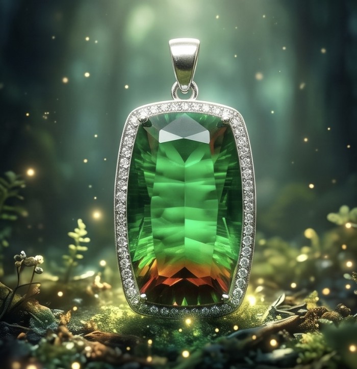 Isabella 18.2 carat baquete cut Brazilian Tourmaline .925 Sterling Silver Perfectly handcrafted pendant - Close-up of Isabella 18.2 ct Brazilian Tourmaline pendant.