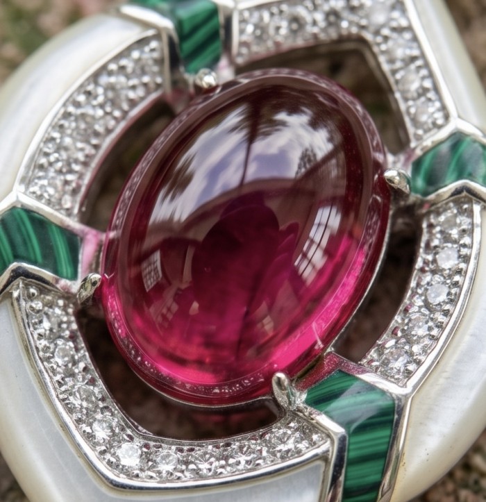 Art Deco - Countless Blessings Genuine 14.5 carat Authentic Ruby enamel rhodium over .925 Sterling Silver handcrafted earrings - Close-up of Art Deco jewelry with vibrant central stone and diamond accents.
