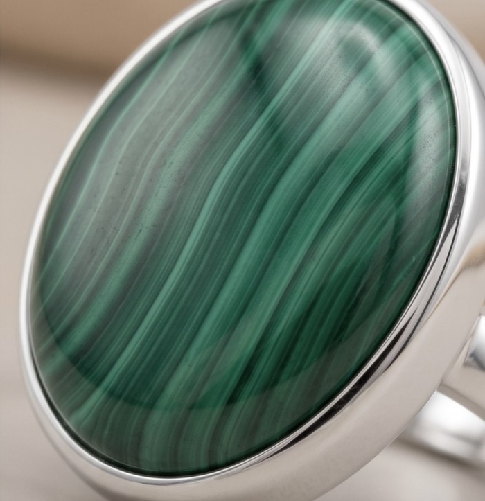 25.8 CARAT genuine Malachite from Utah .925 Sterling Silver handcrafted ring size 7 adjustable - Close-up of oval malachite in sterling silver setting.
