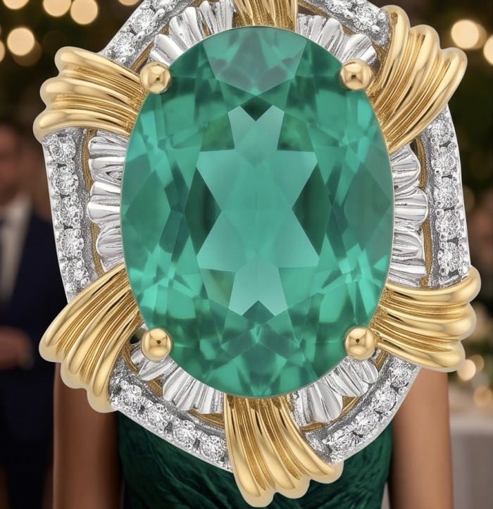 Real Treasure 27.4 carat Aquamarine 2 tones .925 Sterling Silver handcrafted Pendant - Aquamarine ring stone close-up, gold and silver setting detail.