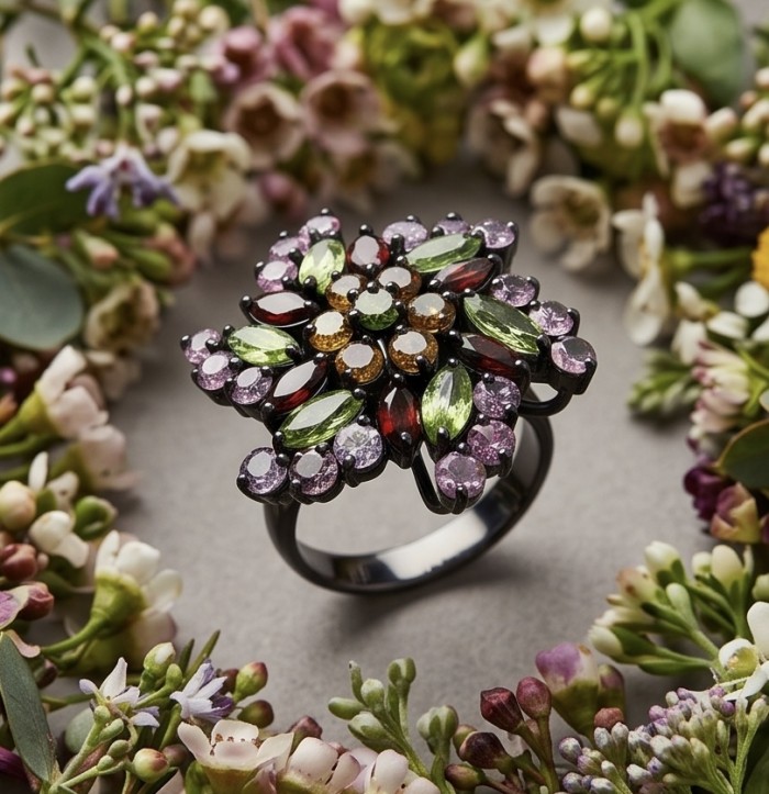 Fiesta Authentic 14.5 carat Multigem .925 Sterling Silver dipped in black rhodium brilliantly handcrafted Ring size 8 1/2 - Top view of multigem sterling silver ring surrounded by flowers.