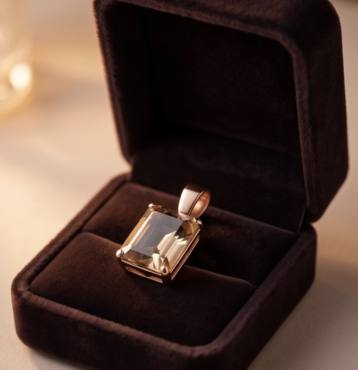 Tae Rose 5.5 carat Morganite .925 Sterling Silver dipped in 18K Gold handmade Pendant - Morganite pendant in box, close-up angle showing stone and setting.