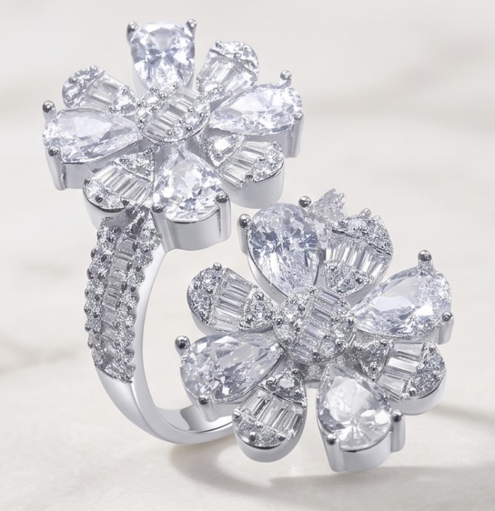 White Pure Flowers Luxurious 10.5 carat White Topaz rhodium over .925 Sterling Silver ring size 7 - White topaz ring, flower design, close-up on stones and detail