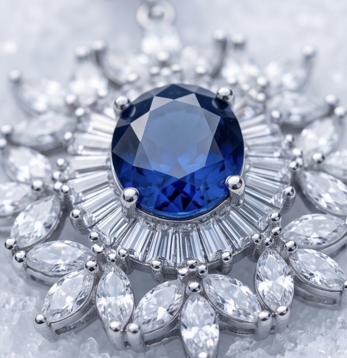 Vintage Beauty 5.7 carat Sapphire Rhodium over .925 Sterling Silver handcrafted pendant - Close-up of 5.7 carat sapphire pendant in rhodium over .925 sterling silver.