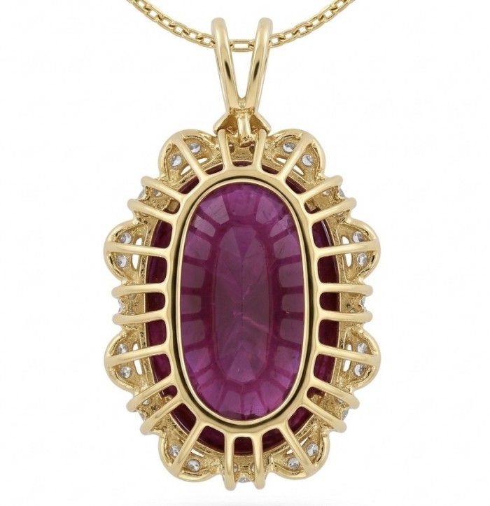 Rare finding! Deluxe 65.4 carat authentic Kashmir Star Ruby 22K Gold over .925 Sterling Silver handmade Statement Pendant - Close-up of a gold pendant with a large purple gemstone.